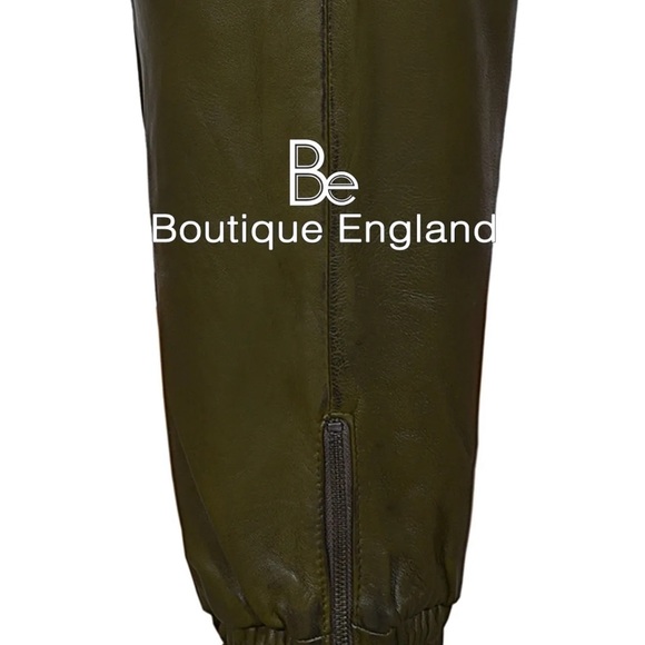 Mens New Olive Green Leather Joggers - Picture 2 of 6